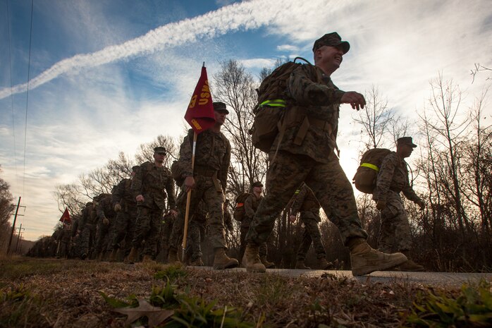 The Marines and Sailors of the Chemical Biological Incident Response Force, II Marine Expeditionary Force conduct a 9-mile conditioning hike on December 12 aboard Naval Support Facility Indian Head. (Official Marine Corps Photo by Sgt. Kuande L. Hall/RELEASED).