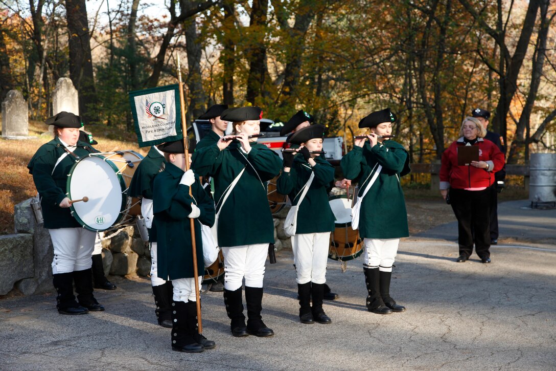 The Middlesex County 4-H Fife & Drum Corps perform musical selections during the Flag Retirement Ceremony.  Col. Christopher Barron represented the New England District in the Flag Retirement Ceremony held on Veterans Day at Sleepy Hollow Cemetery in Concord, Mass.  Col. Barron spoke to the crowd urging everyone to honor Veterans, not just on Veterans Day, but every day.