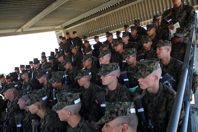 Recruits of Charlie Company, 1st Recruit Training Battalion, learn rifle fundamentals during a class at Marine Corps Base Camp Pendleton, Nov. 24. Throughout Grass Week, Primary Marksmanship Instructors teach recruits trigger control, sight picture, breathing control, sight alignment and natural point of aim. These basic fundamentals pave the way for recruits to become proficient enough to leave the range as sharpshooters or even experts.