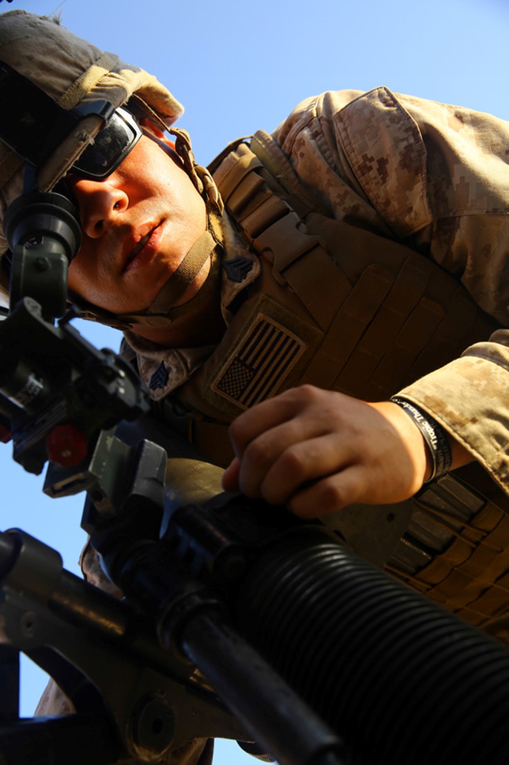 RAS AL KHAIR, SAUDI ARABIA (Dec. 13, 2014) A U.S. Marine with Weapons Company, Battalion Landing Team 2nd Battalion, 1st Marines, 11th Marine Expeditionary Unit (MEU), adjusts the sight on an 81mm mortar system during Red Reef 15 in Ras Al Khair, Saudi Arabia, Dec. 13. Red Reef is a bilateral amphibious exercise that focuses on expanding levels of cooperation, enhancing mutual maritime capabilities, as well as promoting long-term regional stability and interoperability between the U.S. Navy, U.S. Marine Corps and the Royal Saudi Naval Forces. (U.S. Marine Corps photo by Cpl. Jonathan R. Waldman/Not Released)