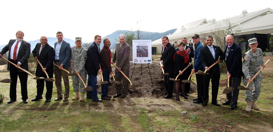 Brig. Gen Mark Toy (4th from left) and Col. Kim Colloton (far right) join elected officials and agency representatives for the ceremonial ground breaking of Phase Two of the Murrieta Creek Flood Protection and Environmental Restoration Project Dec. 15 at the Temecula Community Center.