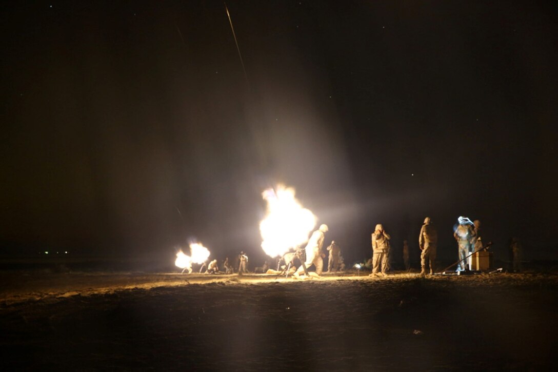 A Royal Saudi Naval Forces Marine with the 3rd Marine Infantry Battalion fires an 81mm mortar system during a joint mortar range with U.S. Marines from the 11th Marine Expeditionary Unit (MEU) during exercise Red Reef 15 in the U.S. 5th Fleet area of responsibility, Dec 12, 2014. Red Reef is part of a routine theater security cooperation engagement plan between the U.S. Navy, U.S. Marine Corps and Royal Saudi Naval Forces that serves as an excellent opportunity to strengthen tactical proficiency in critical mission areas and support long-term regional security.
 (U.S. Marine Corps photo by Cpl. Jonathan R. Waldman/Released)
