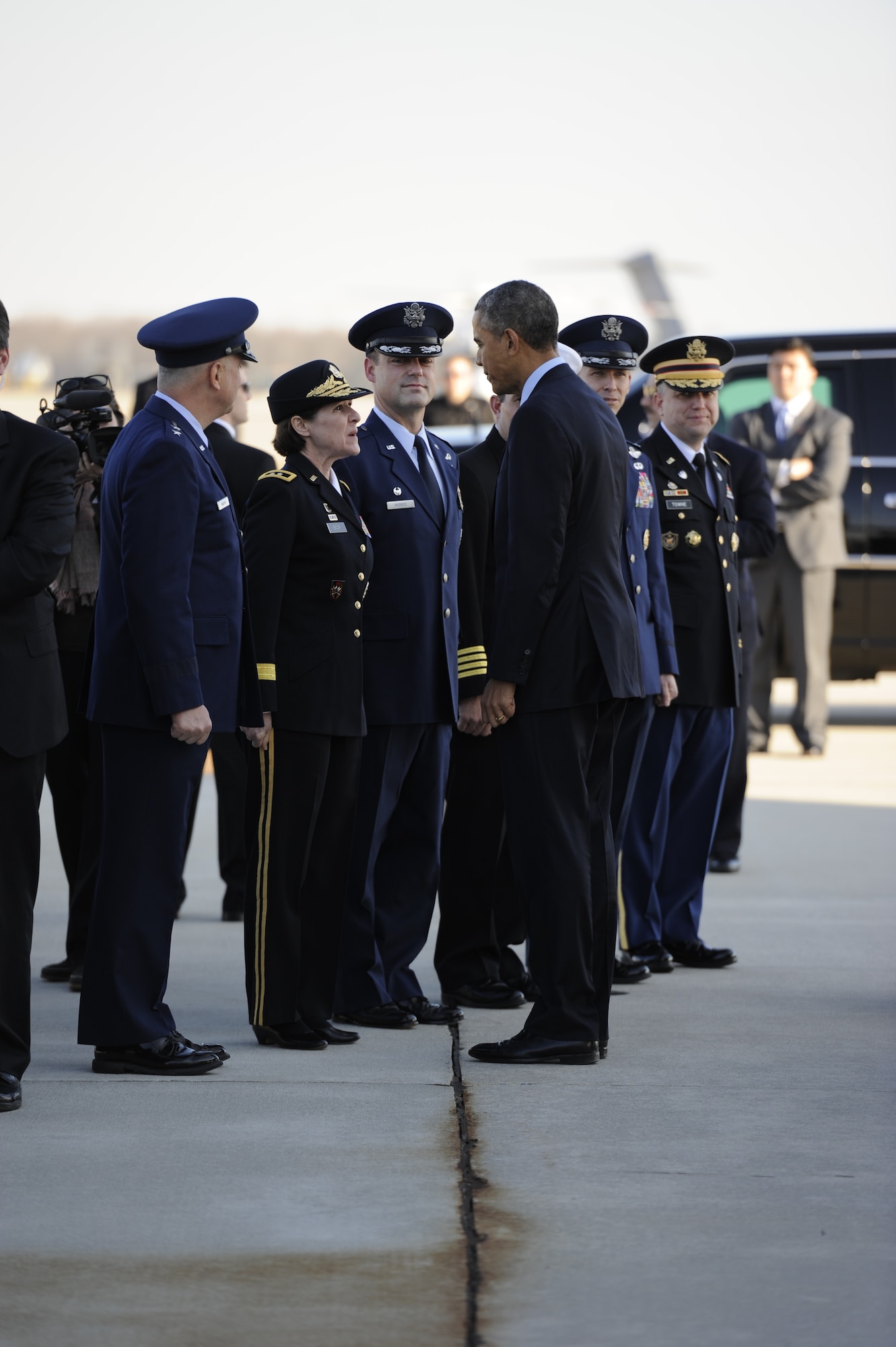 President Barack Obama greets senior leaders Dec. 15, 2014, at Joint Base McGuire-Dix-Lakehurst, N.J.  Obama visited JB MDL to thank more than 3,000 troops and Department of Defense civilians for their service to our nation. (U.S. Air Force photo by Airman 1st Class Sean M. Crowe/Released)
