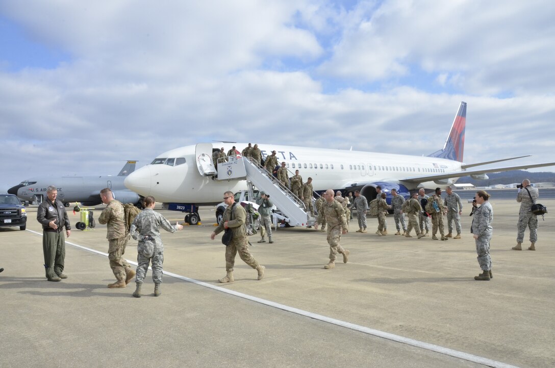 More than 158 Alabama Army National Guard Soldiers from the 877th Engineering Battalion arrive at the 117th Air Refueling Wing, Birmingham Alabama as they return home from a deployment in support of Operation Enduring Freedom. The 877th provided engineer support for the CENTCOM Material Recovery Element, assisting the United States Central Command Material Retrograde Element (CMRE) with recovery of military equipment to the U.S. from Afghanistan.(U.S. Air National Guard photo by: Senior Master Sgt. Ken Johnson/Released)