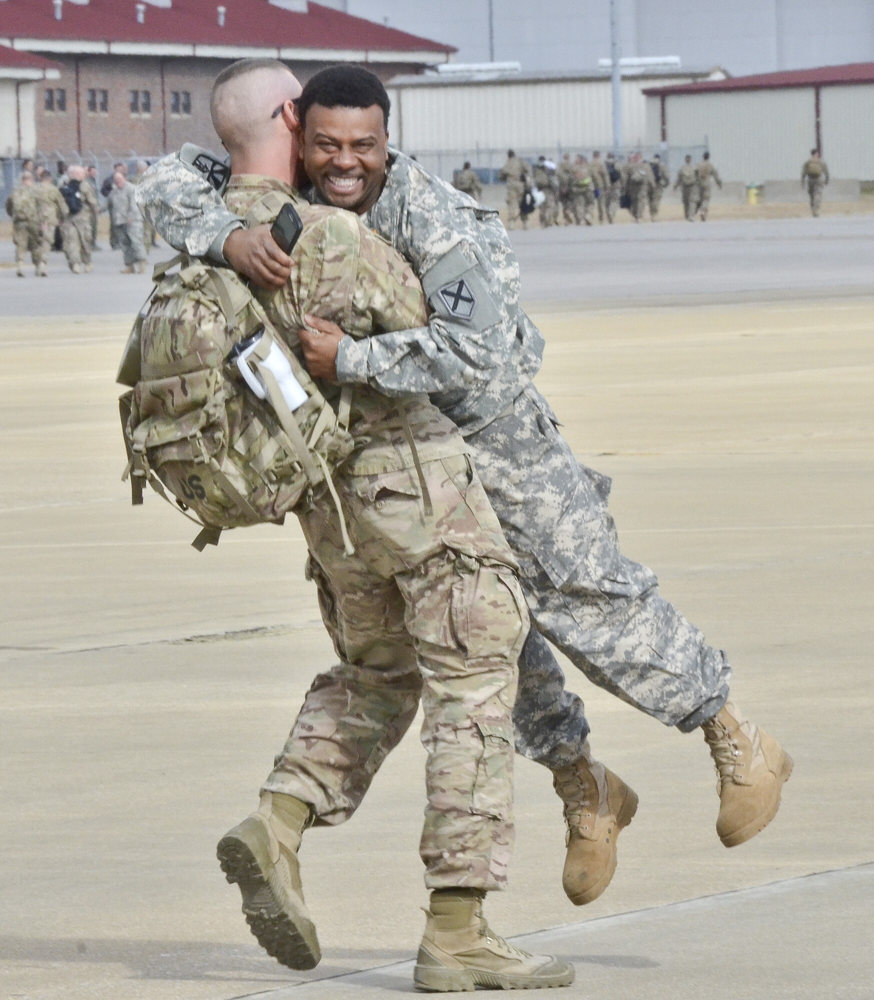 More than 158 Alabama Army National Guard Soldiers from the 877th Engineering Battalion arrive at the 117th Air Refueling Wing, Birmingham Alabama as they return home from a deployment in support of Operation Enduring Freedom. The 877th provided engineer support for the CENTCOM Material Recovery Element, assisting the United States Central Command Material Retrograde Element (CMRE) with recovery of military equipment to the U.S. from Afghanistan.(U.S. Air National Guard photo by: Senior Master Sgt. Ken Johnson/Released)