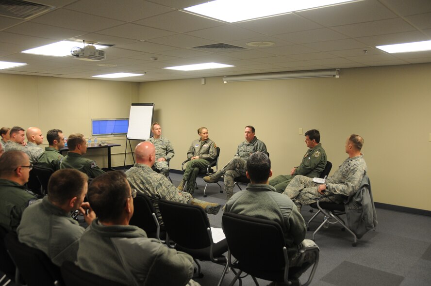 Maj. Gen. John Shanahan, commander of the 25th Air Force, speaks with members of the 188th Intelligence, Surveillance and Reconnaissance Group at Ebbing Air National Guard Base, Fort Smith, Ark., Dec. 11, 2014. Shanahan’s visit encompassed seeing and understanding how the wing’s new mission aligns with the 25th AF. (U.S. Air National Guard photo by Airman 1st Class Cody Martin/released)