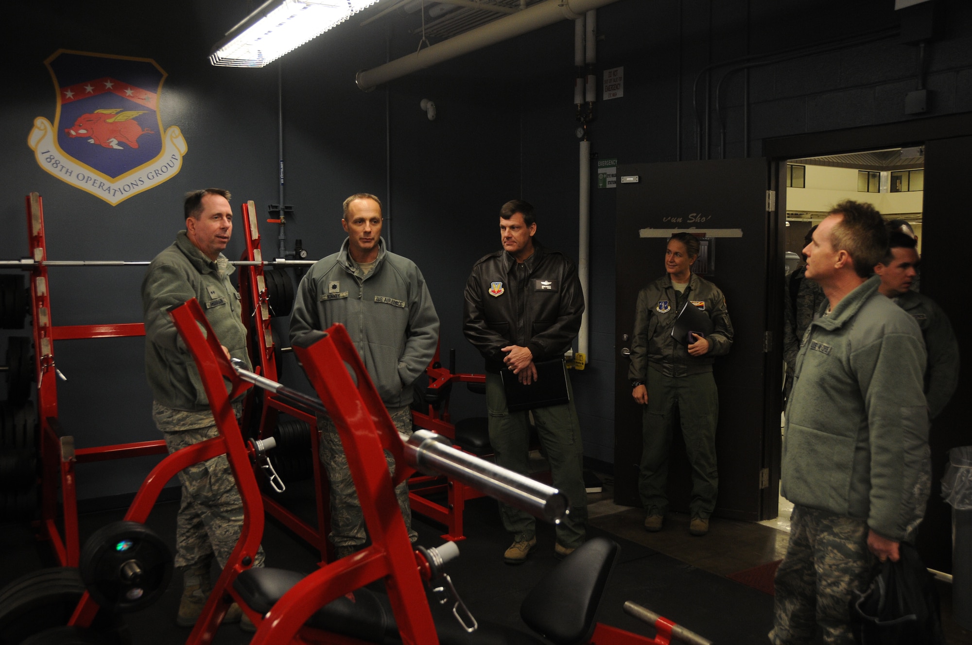 Maj. Gen. John Shanahan, commander of the 25, Air Force, speaks with members of the 188th Wing at Ebbing Air National Guard Base, Fort Smith, Ark., Dec. 11, 2014. Shanahan’s visit encompassed seeing and understanding how the wing’s new mission aligns with the 25th AF. (U.S. Air National Guard photo by Airman 1st Class Cody Martin/released)