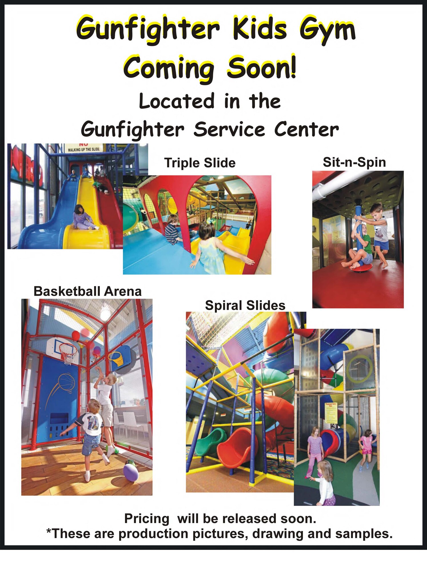 The new Kid’s Gym will be a safe place for children to play and will be located in the Gunfighter Service Center at Mountain Home Air Force Base, Idaho. Free Wi-Fi and a snack bar will be available for parents and children. (Courtesy photo) 