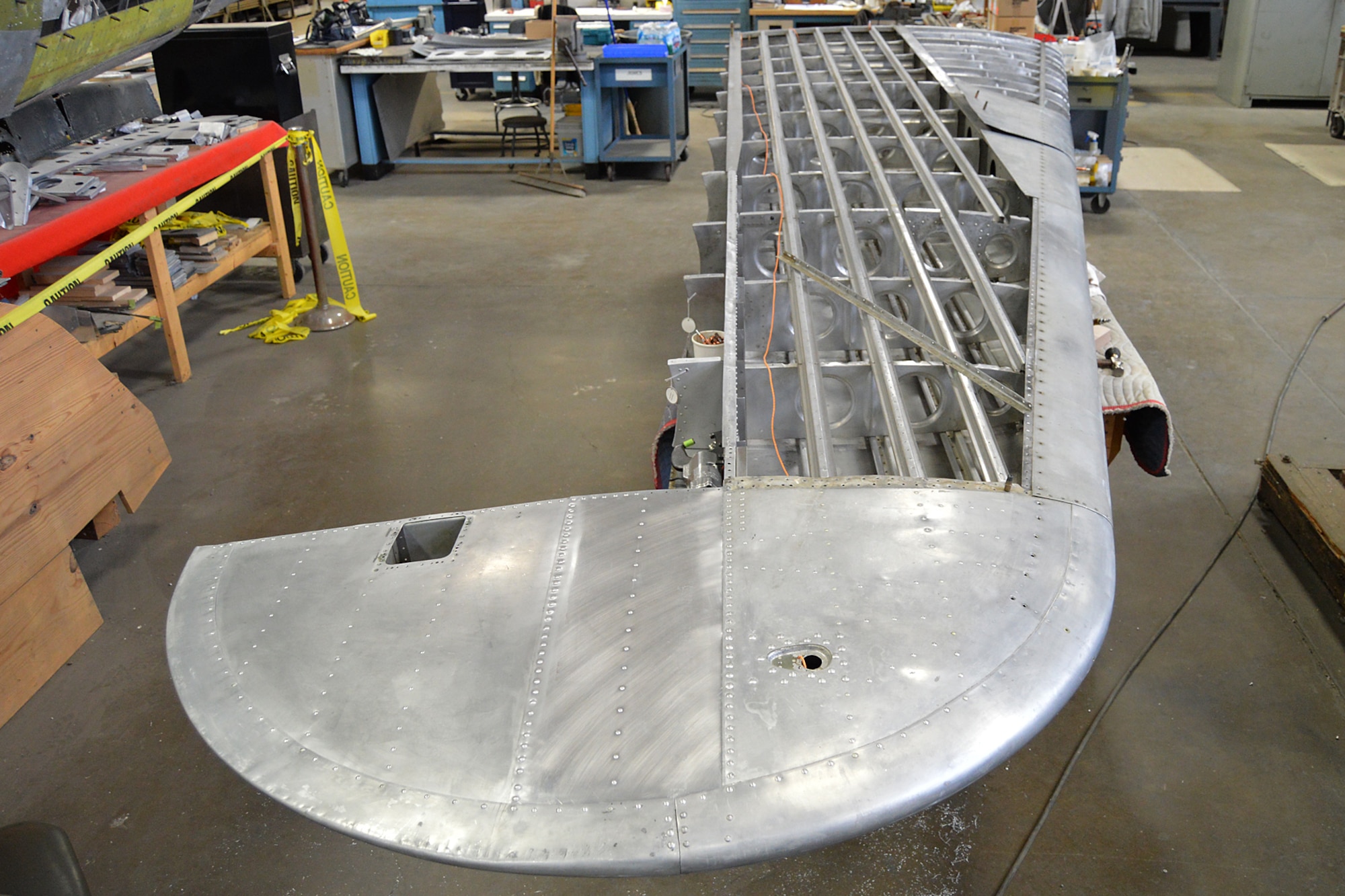 DAYTON, Ohio (12/2014) -- A horizontal stabilizer of the B-17F "Memphis Belle" in the restoration hangar at the National Museum of the United States Air Force. (U.S. Air Force photo)
