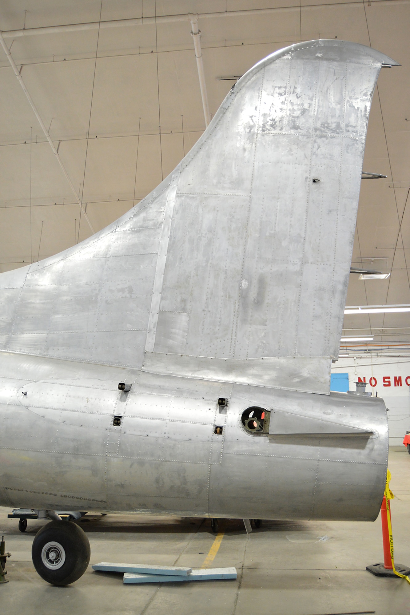 DAYTON, Ohio (12/2014) -- The vertical stabilizer of the B-17F "Memphis Belle" in the restoration hangar at the National Museum of the United States Air Force. (U.S. Air Force photo)
