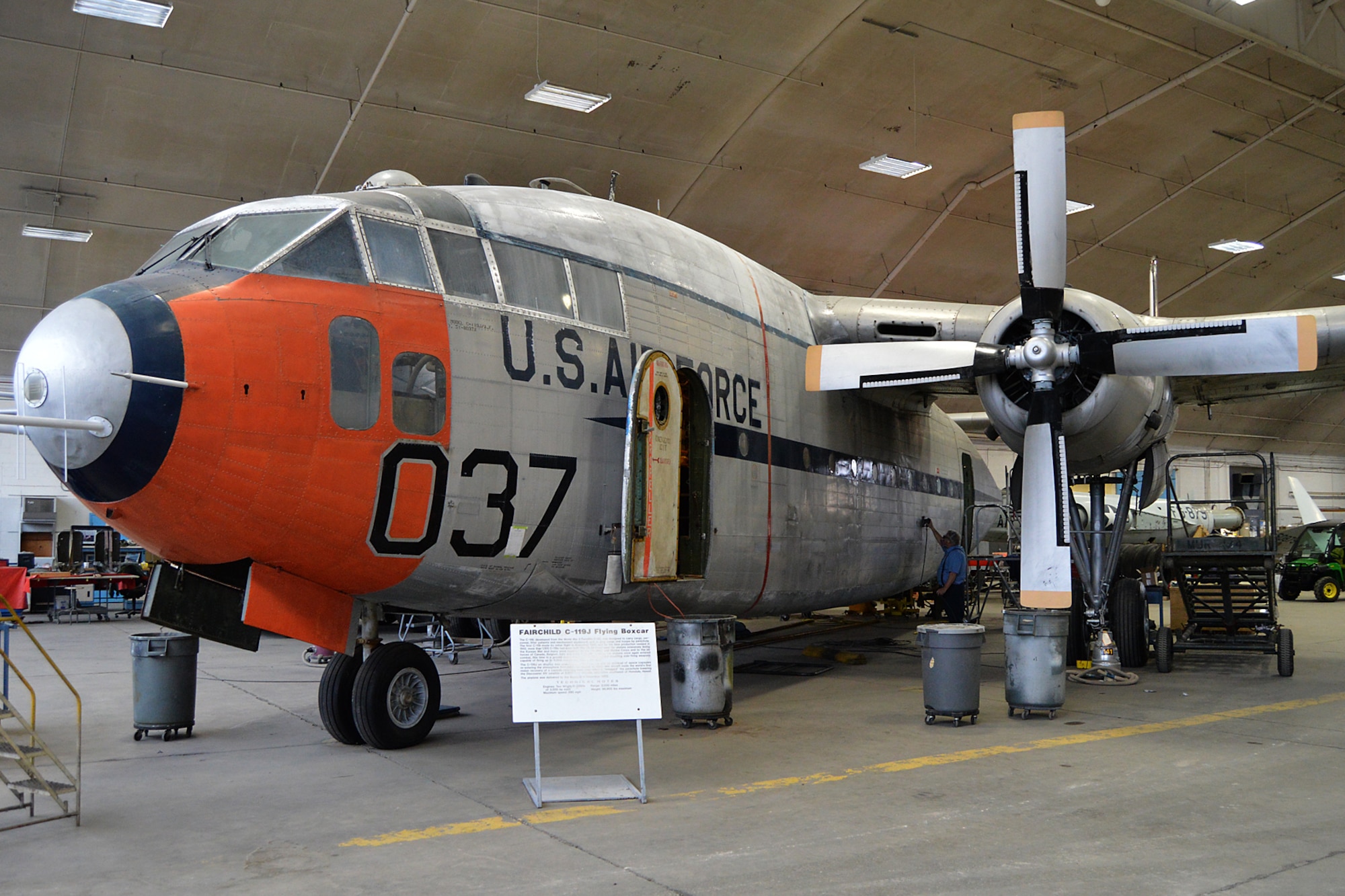 DAYTON, Ohio -- Fairchild C-119J Flying Boxcar in the restoration hangar at the National Museum of the United States Air Force. (U.S. Air Force photo)
