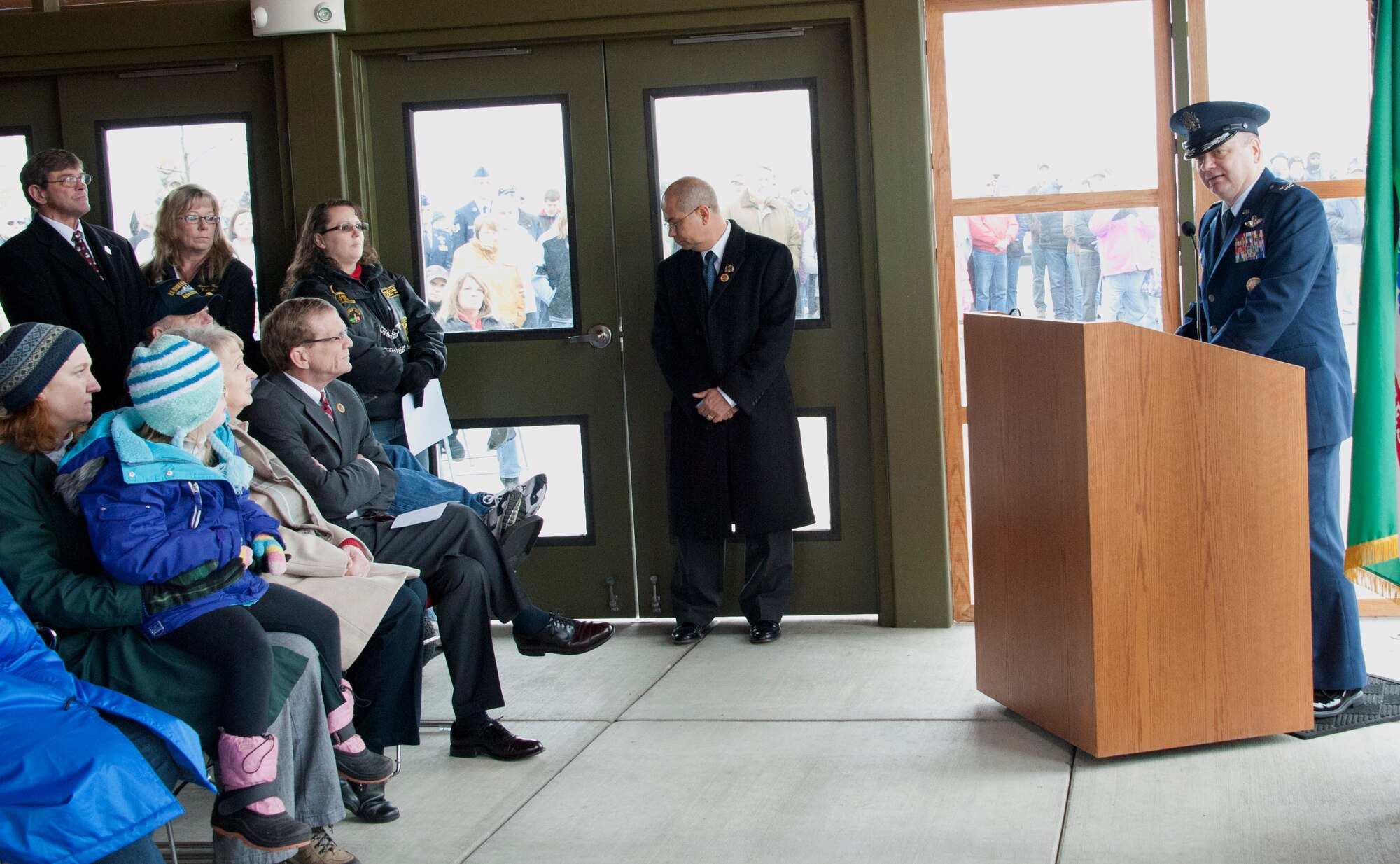 Col. Charles McDaniel, 92nd Air Refueling Wing commander, gives a speech during the Wreaths Across America event Dec. 13, 2014 held at the Washington State Veterans Cemetery in Medical Lake, Wash. The event is held annually. (U.S. Air Force photo/Airman 1st Class Nicolo J. Daniello) 