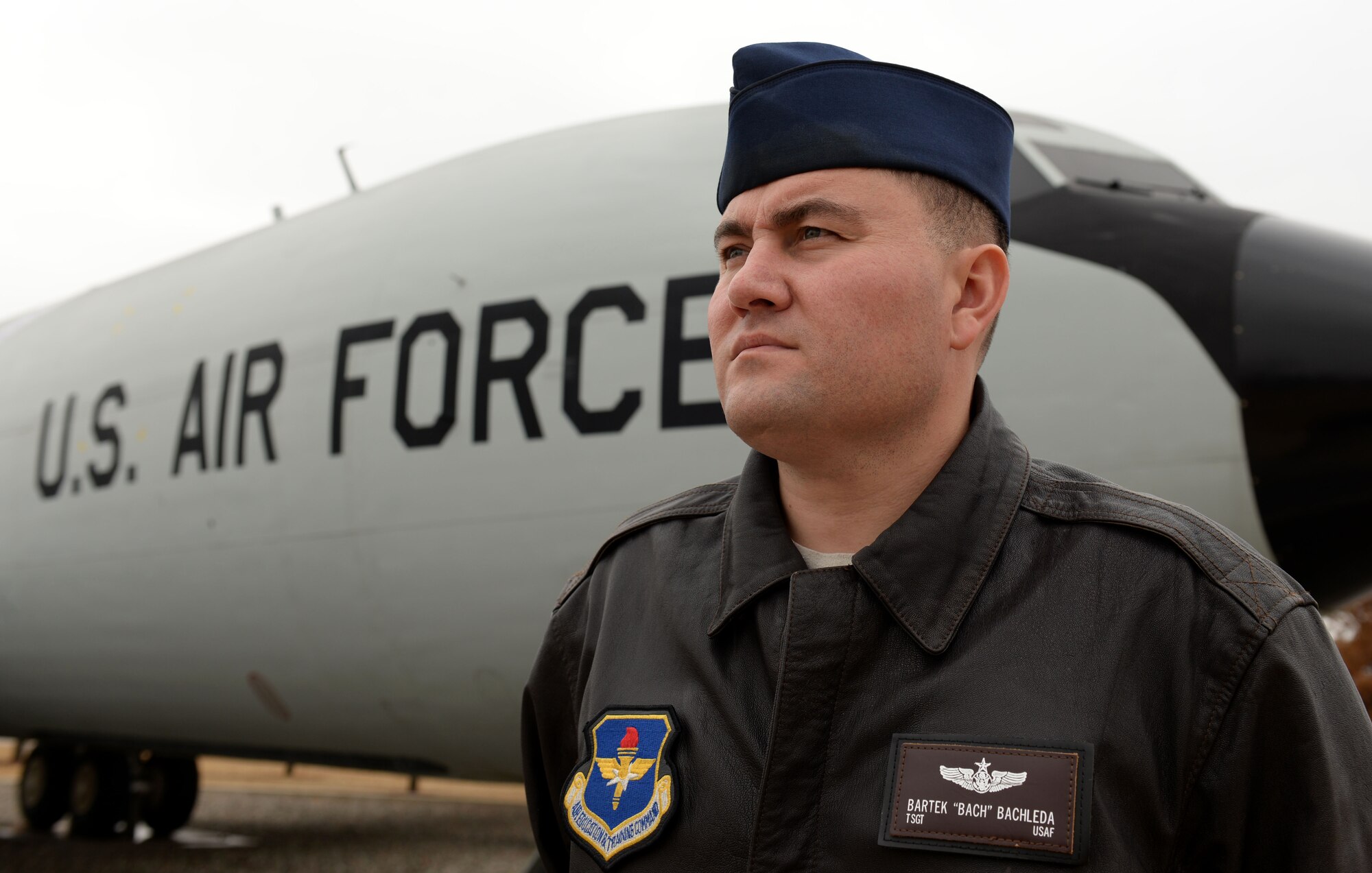 ALTUS AIR FORCE BASE, Okla. – Tech. Sgt. Bartek Bachleda, 97th Operations Support Squadron NCO in charge of current operations, was selected to be part of the KC-46 Pegasus initial operational test and evaluation aircrew. The KC-46 is expected to produce better mission-capabilities and less maintenance.  (U.S. Air Force photo by Senior Airman Robert Gunn/Released)