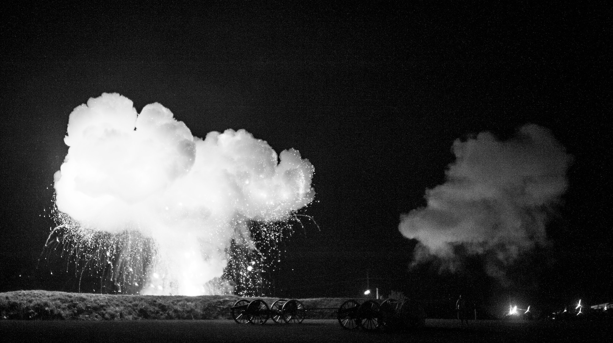 An explosion at Fort Davidson State Historic Site, Mo., simulates the fort’s demise during the re-enactment of the Battle of Pilot Knob Sept. 27, 2014. During the battle 150 years ago, Confederate troops attempted to seize the fort. To spite them, Union troops snuck out and blew up all remaining supplies. (U.S. Air Force photo by Staff Sgt. Brigitte N. Brantley/Released)