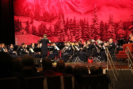 The U.S. Air Force Band of the West Concert Band performs holiday classics during the annual Holiday in Blue Concert Dec. 6 at the Edgewood Theatre of Performing Arts in San Antonio, Texas. The Band of the West is composed of a 60-member squadron comprised of nine different musical configurations. The band executes more than 300 annual musical productions and is responsible for a seven state, 580,000 square mile region. (U.S. Air Force photo by Airman 1st Class Alexandria Slade)