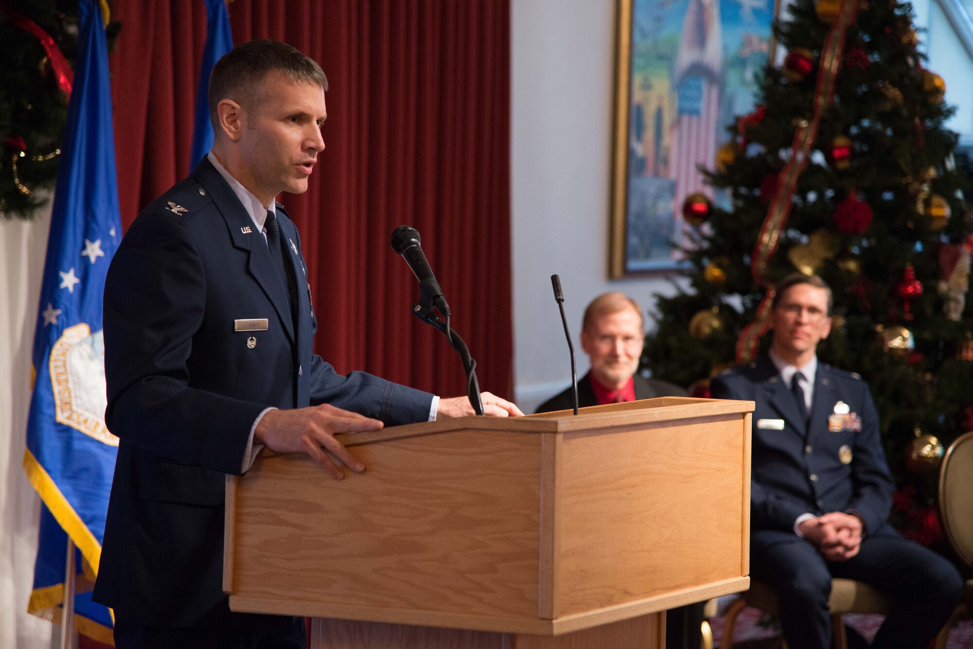 U.S. Air Force Col. David Learned, the JSTARS Recapitalization senior materiel leader addresses Airmen during the JSTARS Recap Division stand-up ceremony at Hanscom Air Force Base, Mass., Dec. 5, 2014. Lt. Col. Michael Harm, far right, led the recap effort since its recreation in Dec. 2013, advocating for $73 million that is now fully funded by the Senate. Ken Francois, former Battle Management deputy, will now serve as the new JSTARS Recap Division's deputy. (U.S. Air Force photo by Mark Herlihy) 
