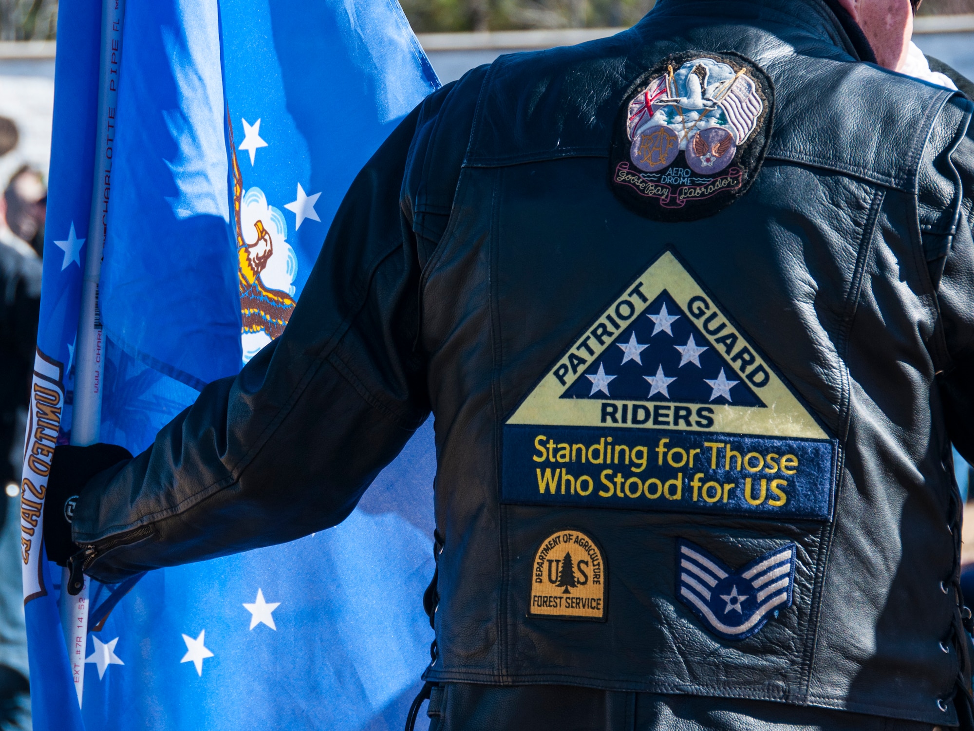 A member of the Patriot Guard Riders stands in formation for the Wreaths Across America ceremony at Georgia National Cemetery Dec. 13, 2014. The Patriot Guard Riders is an organization based in the United States whose members attend the funerals of members of the U.S. military, firefighters and police at the invitation of a decedent's family. (U.S. Air Force photo/Senior Airman Daniel Phelps)
