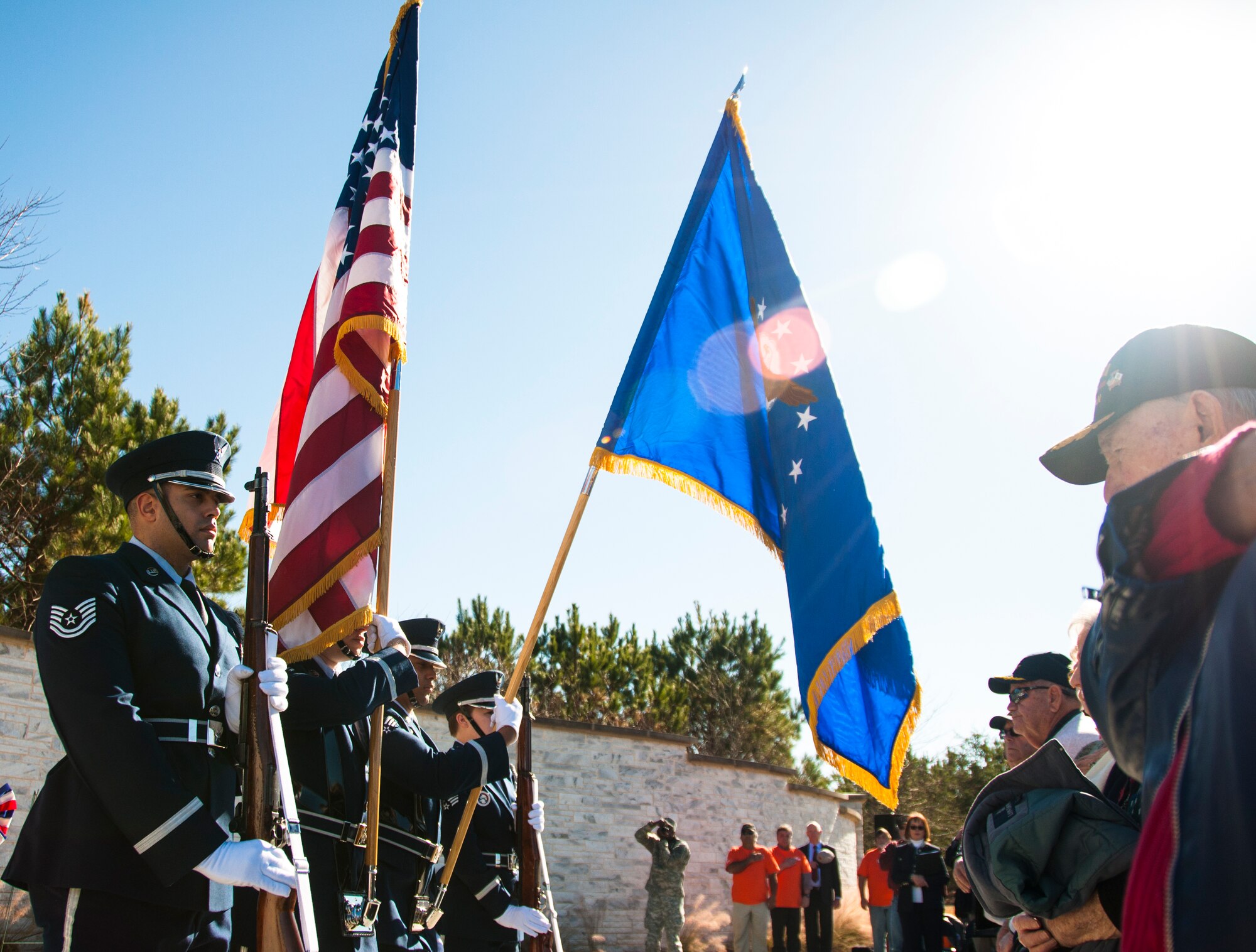 Honor Guard members from Dobbins Air Reserve Base, Ga. present the colors for Wreaths Across America ceremony at Georgia National Cemetery in Canton, Ga. Dec. 13, 2014. The vision of the U.S. Air Force Honor Guard is to ensure a legacy of Airmen who promote the mission, protect the standards, perfect the image and preserve the heritage of the organization. (U.S. Air Force photo/Senior Airman Daniel Phelps)