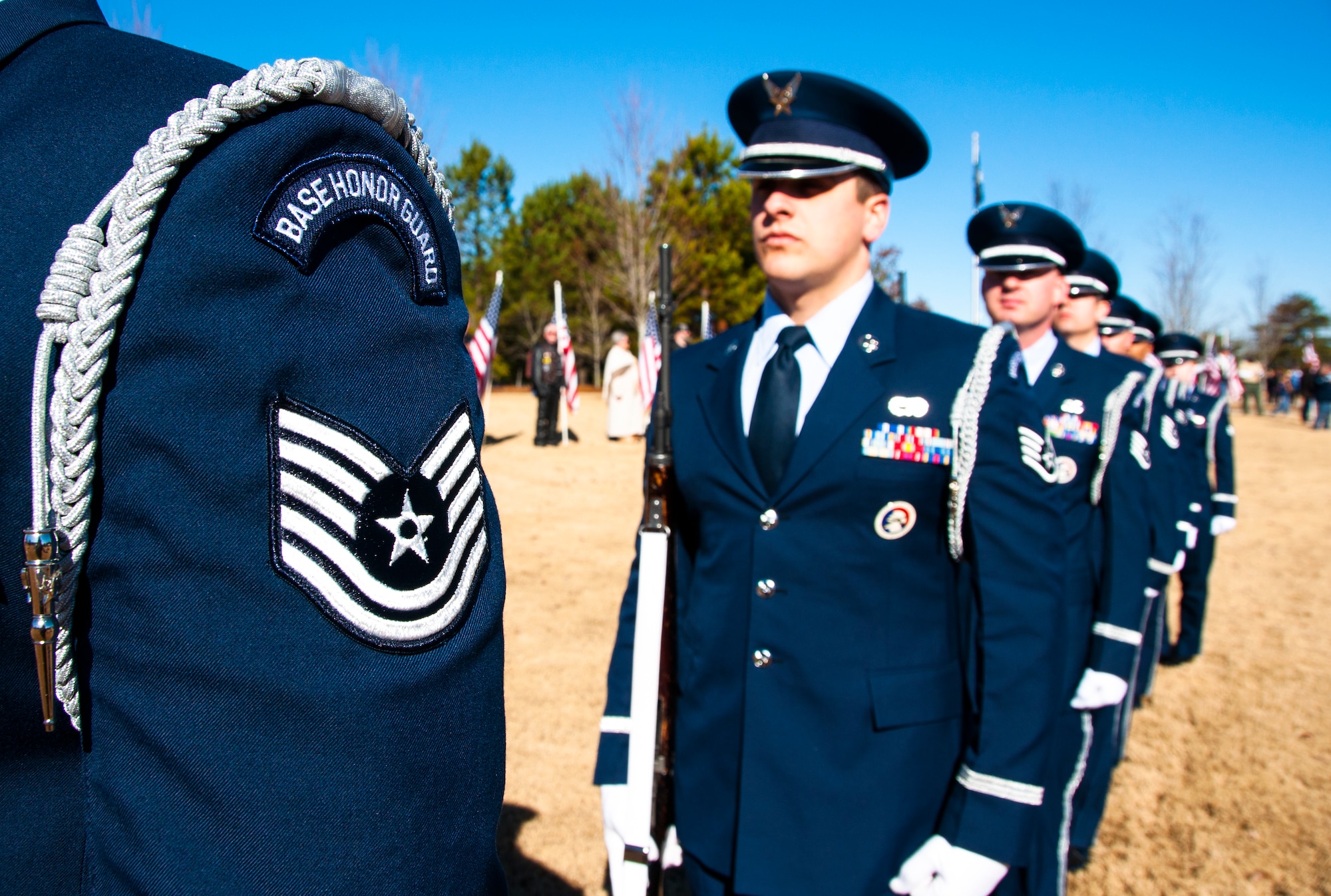 Honor Guard members from Dobbins Air Reserve Base, Ga. march in formation for Wreaths Across America ceremony at Georgia National Cemetery in Canton, Ga. Dec. 13, 2014. The vision of the U.S. Air Force Honor Guard is to ensure a legacy of Airmen who promote the mission, protect the standards, perfect the image and preserve the heritage of the organization. (U.S. Air Force photo/Senior Airman Daniel Phelps)