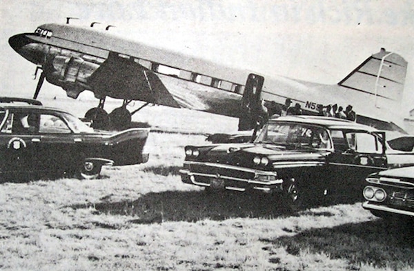This Douglas DC-3 aircraft was operated by the U.S. Army Corps of Engineers in 1959 as it brought visiting dignataries to the Garrison Dam project. The planes would land on the grass runway at Washburn Municipal Airport and cars would meet the planes to take visitors to check progress of the nearby construction. (Photos are property of the Beeks family and may not be reused without consent.) 