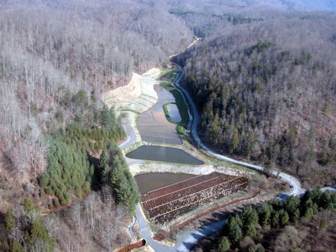 An aerial view of the post Ecosystem Restoration Project on the Powell River located in Lee and Wise Counties, Va. The project improved areas that had acid mine drainage problems resulting from abandoned coal mines within the Powell River Watershed. The project also constructed and restored the ecosystem with the installation of restoration treatment systems.  