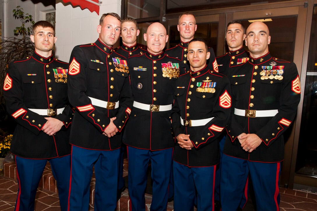 17th Sgt. Maj. of the Marine Corps, Sgt. Maj. Micheal P. Barrett attends a Mess Night hosted by the Camp Lejeune Staff Non Commissioned Officer Academy Career Course Class 1-15, aboard Marine Corps Air Station New River, N.C., Dec. 4, 2014. Sgt. Maj. Barrett was the guest of honor for the ceremony. (U.S. Marine Corps photo by Cpl. Michael C. Guinto / Released)