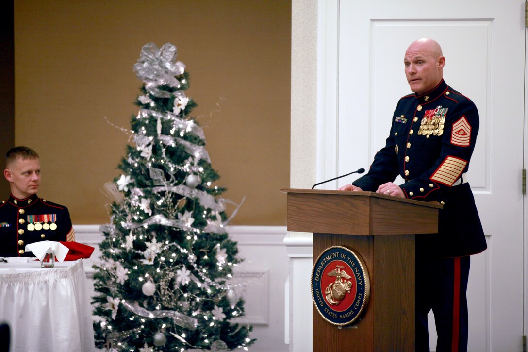 Sgt. Maj. Micheal P. Barrett, the 17th Sergeant Major of the Marine Corps, attends the Staff Non-commissioned Officer’s Academy Quantico Career Course 1-15 Mess Night at the Clubs at Quantico, Va., Dec. 3, 2014. (U.S. Marine Corps photo by Sgt. Marionne T. Mangrum)