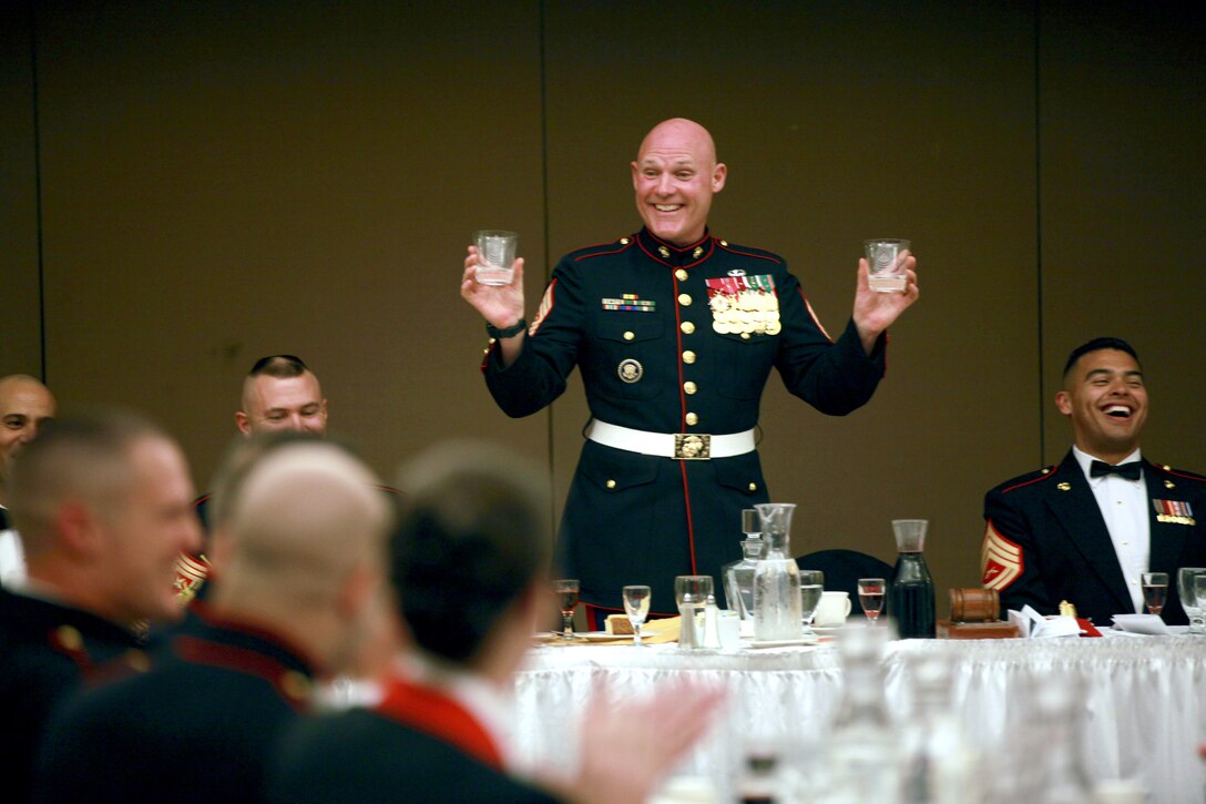 Sgt. Maj. Micheal P. Barrett, the 17th Sergeant Major of the Marine Corps, attends the Staff Non-commissioned Officer’s Academy Quantico Career Course 1-15 Mess Night at the Clubs at Quantico, Va., Dec. 3, 2014. (U.S. Marine Corps photo by Sgt. Marionne T. Mangrum)