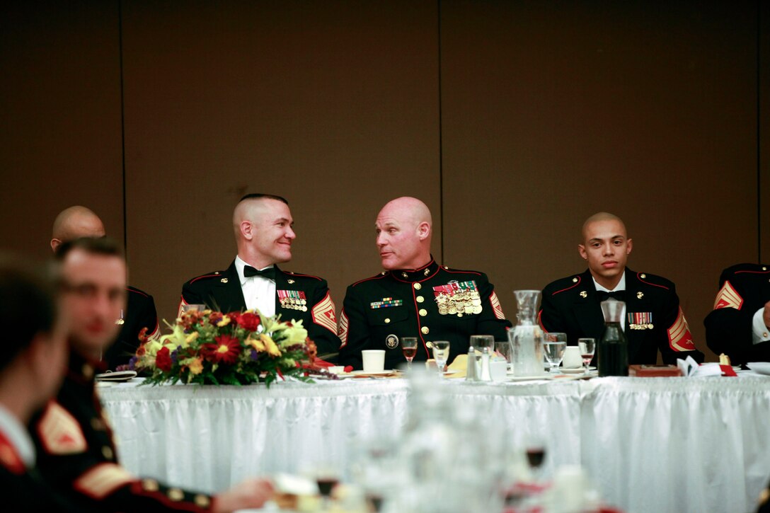 Sgt. Maj. Micheal P. Barrett, the 17th Sergeant Major of the Marine Corps, attends the Staff Non-commissioned Officer’s Academy Quantico Career Course 1-15 Mess Night at the Clubs at Quantico, Va., Dec. 3, 2014. (U.S. Marine Corps photo by Sgt. Marionne T. Mangrum)