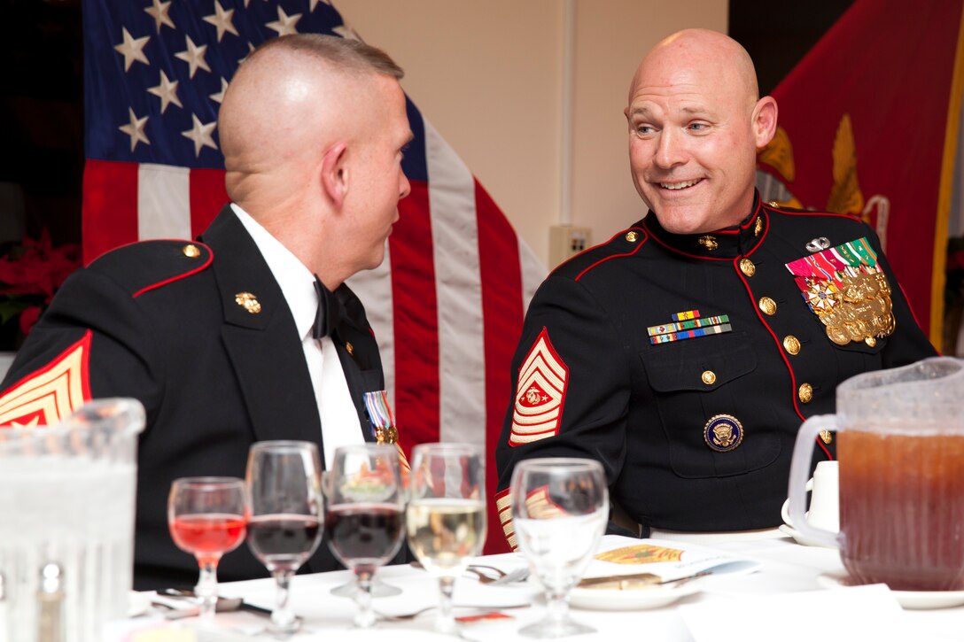 17th Sgt. Maj. of the Marine Corps, Sgt. Maj. Micheal P. Barrett attends a Mess Night hosted by the Camp Lejeune Staff Non Commissioned Officer Academy Career Course Class 1-15, aboard Marine Corps Air Station New River, N.C., Dec. 4, 2014. Sgt. Maj. Barrett was the guest of honor for the ceremony. (U.S. Marine Corps photo by Cpl. Michael C. Guinto / Released)