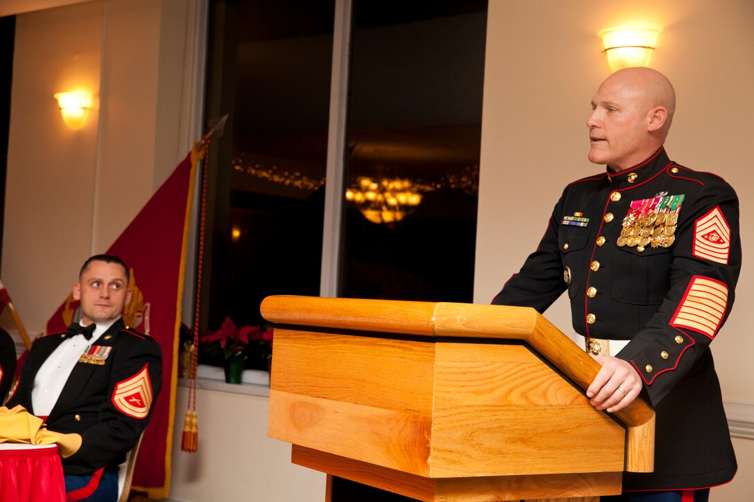 17th Sgt. Maj. of the Marine Corps, Sgt. Maj. Micheal P. Barrett attends a Mess Night hosted by the Camp Lejeune Staff Non Commissioned Officer Academy Career Course Class 1-15, aboard Marine Corps Air Station New River, N.C., Dec. 4, 2014. Sgt. Maj. Barrett was the guest of honor for the ceremony. (U.S. Marine Corps photo by Cpl. Michael C. Guinto / Released)