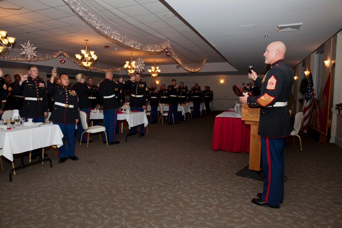17th Sgt. Maj. of the Marine Corps, Sgt. Maj. Micheal P. Barrett attends a Mess Night hosted by the Camp Lejeune Staff Non Commissioned Officer Academy Career Course Class 1-15, aboard Marine Corps Air Station New River, N.C., Dec. 4, 2014. Sgt. Maj. Barrett was the guest of honor for the ceremony. (U.S. Marine Corps photo by Cpl. Michael C. Guinto / Released)