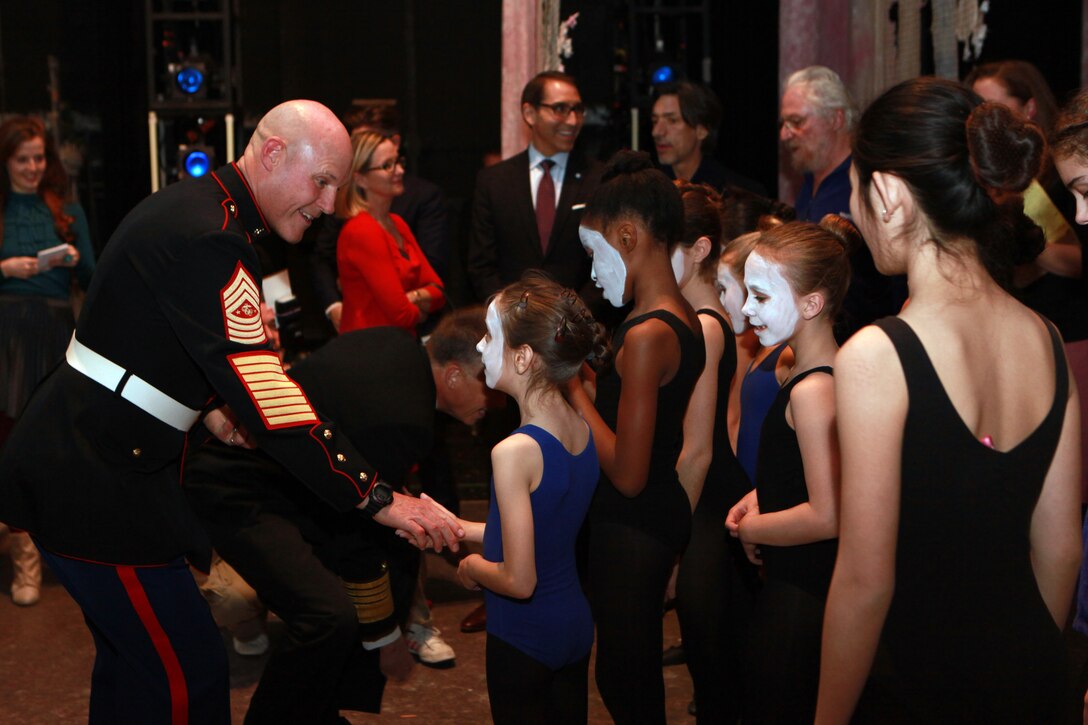 The Deputy Secretary of Defense Mr. Robert O. Work, the Vice Chairman of the Joint Chiefs of Staff Adm. James A. Winnefeld Jr., and the Sergeant Major of the Marine Corps Sgt. Maj. Micheal P. Barrett, participate in Septime Webre’s adaptation of “The Nutcracker” presented by The Washington Ballet at the Warner Theatre in Washington, D.C., during military appreciation night on Dec. 10, 2014. (U.S. Marine Corps photo by Sgt. Marionne T. Mangrum)