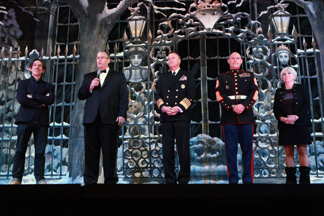The Deputy Secretary of Defense Mr. Robert O. Work, the Vice Chairman of the Joint Chiefs of Staff Adm. James A. Winnefeld Jr., and the Sergeant Major of the Marine Corps Sgt. Maj. Micheal P. Barrett, participate in Septime Webre’s adaptation of “The Nutcracker” presented by The Washington Ballet at the Warner Theatre in Washington, D.C., during military appreciation night on Dec. 10, 2014. (U.S. Marine Corps photo by Sgt. Marionne T. Mangrum)