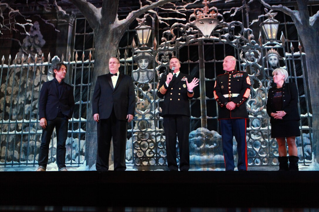 The Deputy Secretary of Defense Mr. Robert O. Work, the Vice Chairman of the Joint Chiefs of Staff Adm. James A. Winnefeld Jr., and the Sergeant Major of the Marine Corps Sgt. Maj. Micheal P. Barrett, participate in Septime Webre’s adaptation of “The Nutcracker” presented by The Washington Ballet at the Warner Theatre in Washington, D.C., during military appreciation night on Dec. 10, 2014. (U.S. Marine Corps photo by Sgt. Marionne T. Mangrum)