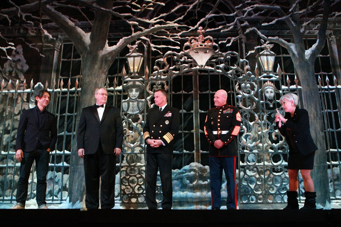 The Deputy Secretary of Defense Mr. Robert O. Work, the Vice Chairman of the Joint Chiefs of Staff Adm. James A. Winnefeld Jr., and the Sergeant Major of the Marine Corps Sgt. Maj. Micheal P. Barrett, participate in Septime Webre’s adaptation of “The Nutcracker” presented by The Washington Ballet at the Warner Theatre in Washington, D.C., during military appreciation night on Dec. 10, 2014. (U.S. Marine Corps photo by Sgt. Marionne T. Mangrum)