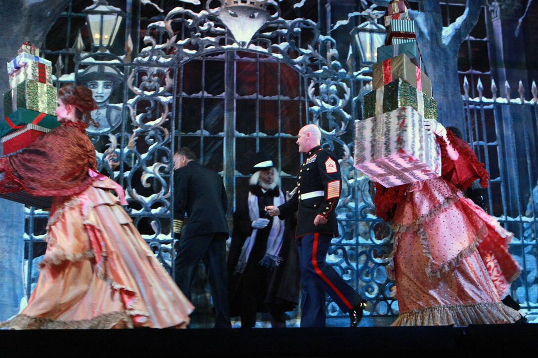 The Deputy Secretary of Defense Mr. Robert O. Work, the Vice Chairman of the Joint Chiefs of Staff Adm. James A. Winnefeld Jr., and the Sergeant Major of the Marine Corps Sgt. Maj. Micheal P. Barrett, participate in Septime Webre’s adaptation of “The Nutcracker” presented by The Washington Ballet at the Warner Theatre in Washington, D.C., during military appreciation night on Dec. 10, 2014. (U.S. Marine Corps photo by Sgt. Marionne T. Mangrum)