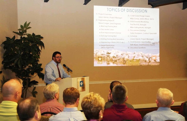 Project manager Jason Harrah presents during an industry day held in November to engage and inform contractor representatives regarding the requirements and challenges of the Mile Point project.