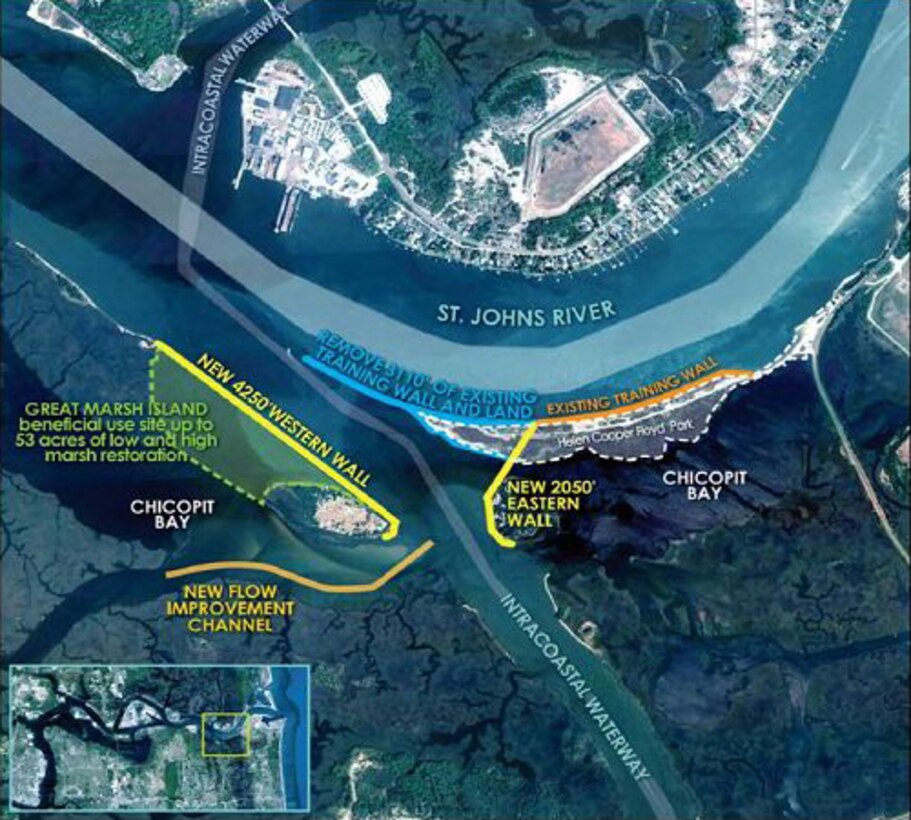 This graphic shows some of the features of the Mile Point Reconfiguration project at the confluence of the Intracoastal Waterway and the St. Johns River in Jacksonville.
