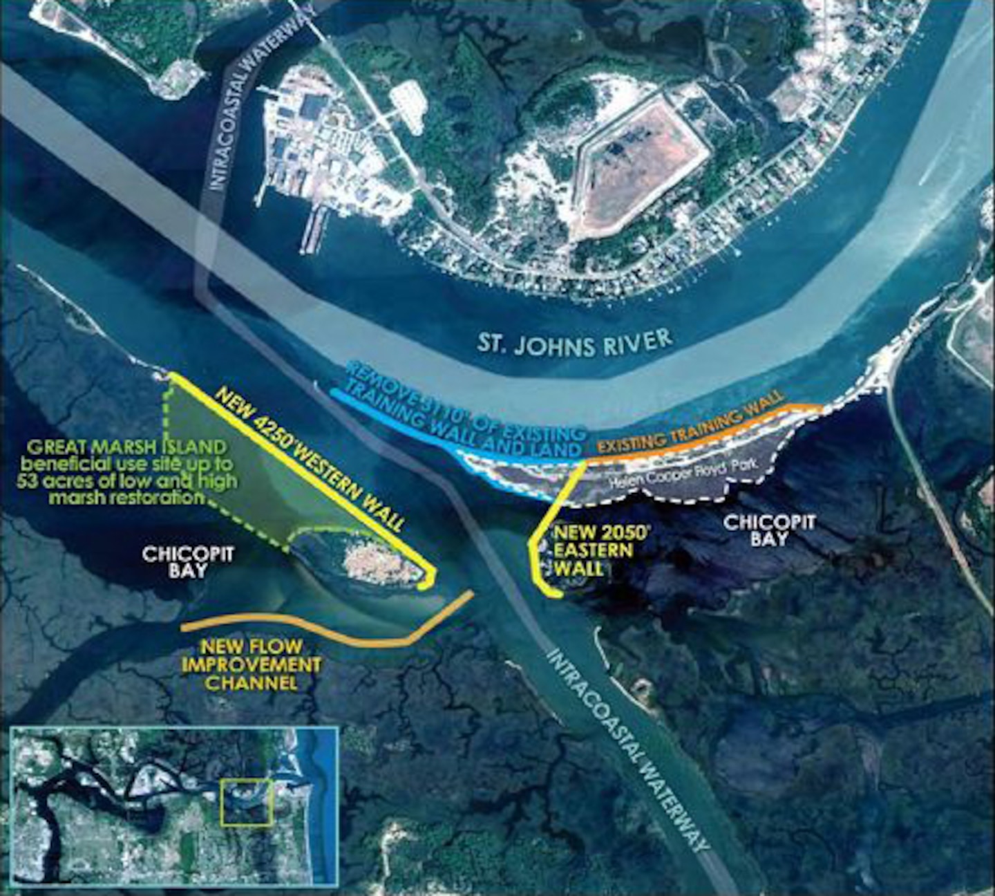 This graphic shows some of the features of the Mile Point Reconfiguration project at the confluence of the Intracoastal Waterway and the St. Johns River in Jacksonville.
