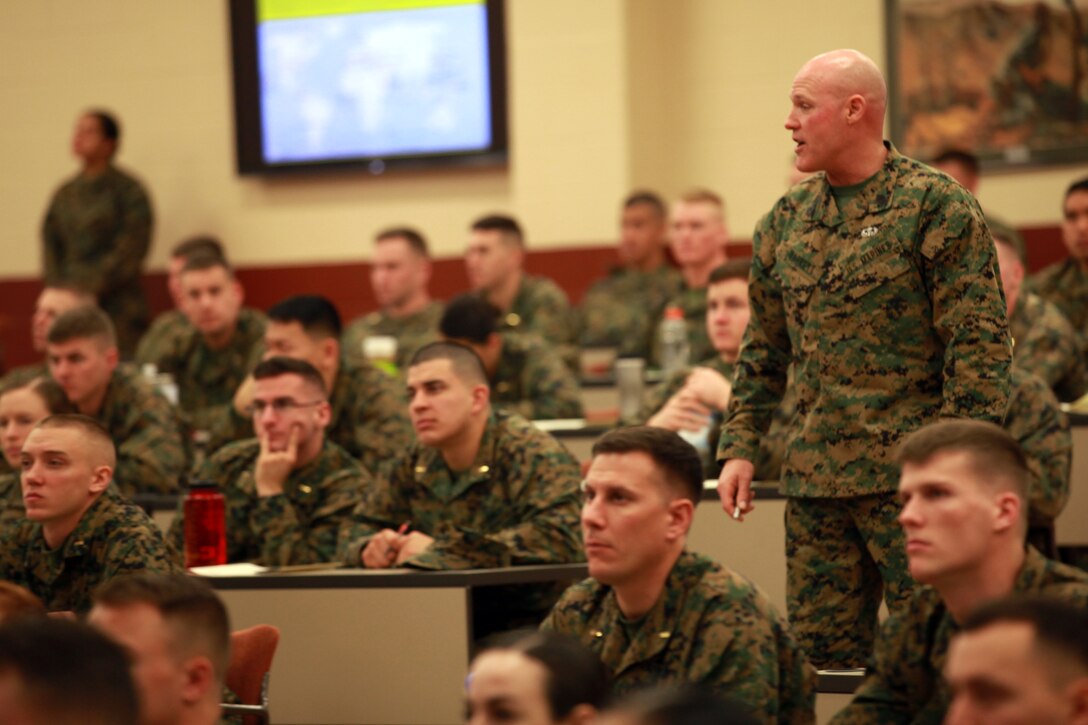 Sgt. Maj. Micheal P. Barrett, the 17th Sergeant Major of the Marine Corps, addresses students attending The Basic School at Marine Corps Base Quantico, Va., on Dec. 15, 2014. (U.S. Marine Corps photo by Sgt. Marionne T. Mangrum)