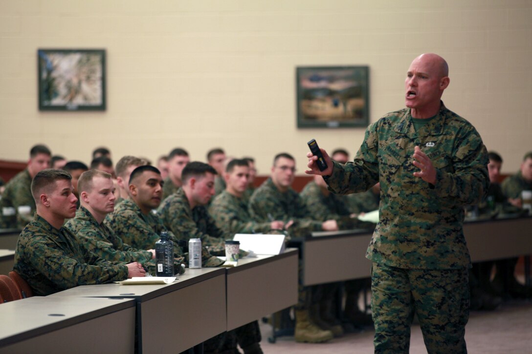 Sgt. Maj. Micheal P. Barrett, the 17th Sergeant Major of the Marine Corps, addresses students attending The Basic School at Marine Corps Base Quantico, Va., on Dec. 15, 2014. (U.S. Marine Corps photo by Sgt. Marionne T. Mangrum)