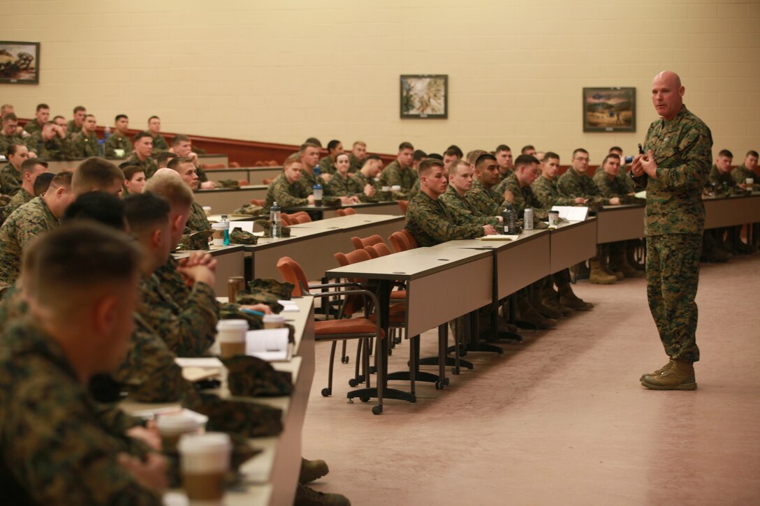 Sgt. Maj. Micheal P. Barrett, the 17th Sergeant Major of the Marine Corps, addresses students attending The Basic School at Marine Corps Base Quantico, Va., on Dec. 15, 2014. (U.S. Marine Corps photo by Sgt. Marionne T. Mangrum)