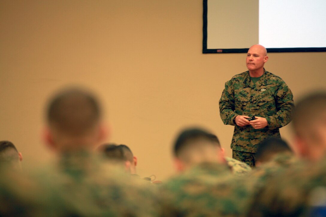 Sgt. Maj. Micheal P. Barrett, the 17th Sergeant Major of the Marine Corps, addresses students attending The Basic School at Marine Corps Base Quantico, Va., on Dec. 15, 2014. (U.S. Marine Corps photo by Sgt. Marionne T. Mangrum)