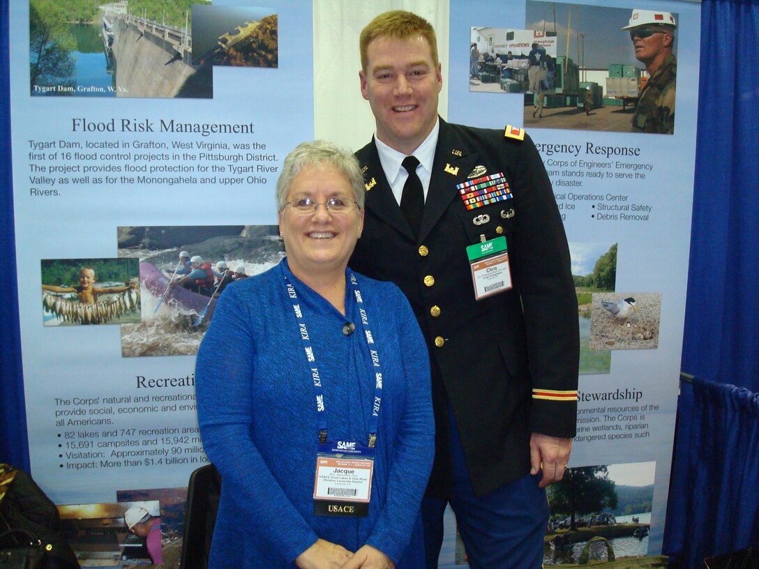 On December 9-11 2014, Louisville District Commander Col. Chris Beck and Jacque Gee, Louisville District deputy for small business, attended the Society of American Military Engineers (SAME) Small Business Conference for Federal Engineering, Construction and Environmental Programs held in Kansas City, Missouri. Beck and Gee manned the Great Lakes and Ohio River Division booth throughout the conference and participated in the USACE Networking Roundtable held Dec. 10. Throughout the event, Beck and Gee met with both large and small business contractors to discuss their capabilities and potential contract opportunities with the Louisville District. On Dec. 11, Beck accepted the Louisville District's award for being the #9 USACE district in contract obligations to Service Disabled Veteran Owned Small Businesses (SDVOSB) with approximately $39 million in contract obligations. More than 1,800 participants from across the nation attended the event.