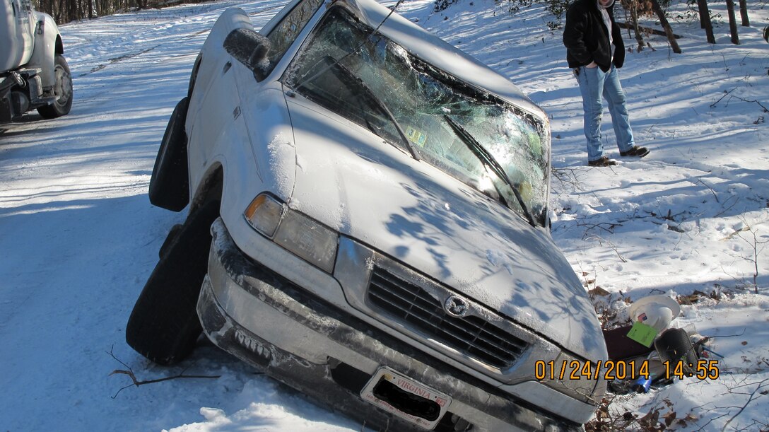 This pickup truck was travelling too fast for the road conditions aboard Marine Corps Base Quantico and wrecked earlier this year.