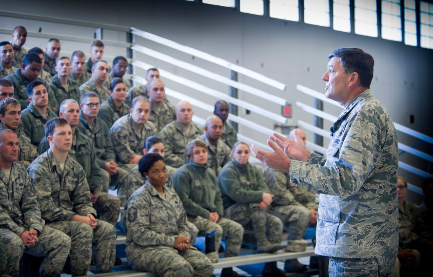 Lt. Gen. Bradley Heithold, Air Force Special Operations Command commander, speaks to 1st Special Operations Communications Squadron Airmen, during a town hall meeting at Hurlburt Field, Fla., Dec. 11, 2014. Heithold toured Hurlburt, discussed the AFSOC mission and highlighted the importance of family.  (U.S. Air Force photo/Senior Airman Krystal M. Garrett) 