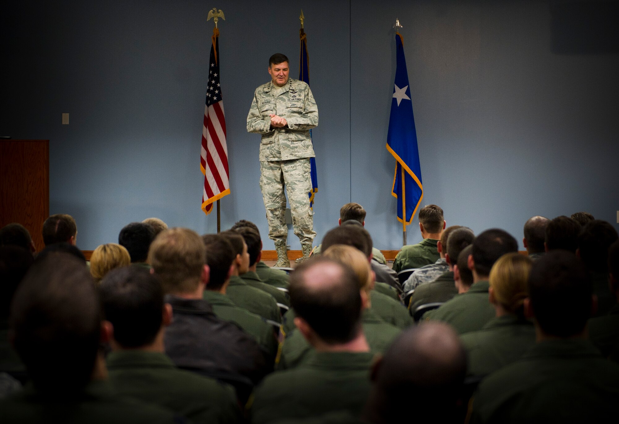 Lt. Gen. Bradley Heithold, Air Force Special Operations Command commander, speaks to 34th Special Operations Squadron Airmen during his tour of Hurlburt Field, Fla., Dec. 11, 2014. Heithold toured Hurlburt, discussed the AFSOC mission and highlighted the importance of family. (U.S. Air Force photo/Senior Airman Krystal M. Garrett)  