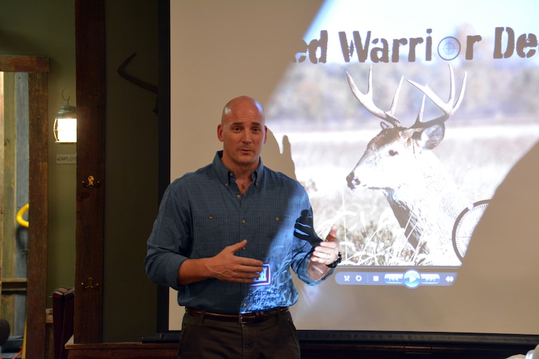 SPRING VALLEY, Wis. – Col. Dan Koprowski, U.S. Army Corps of Engineers, St. Paul District commander, talks about honoring veterans during a dinner with Corps employees, veterans and hunters Dec. 12. The group gathered at the Eau Galle Recreation Area, near Spring Valley, Wis., Dec. 13, for the third annual deer hunt. The Corps partnered with the Wounded Warrior Project and the Wisconsin Department of Natural Resources to host the event. The goal was to connect veterans with other veterans and honor them for their service while also managing the deer herd in the recreation area.