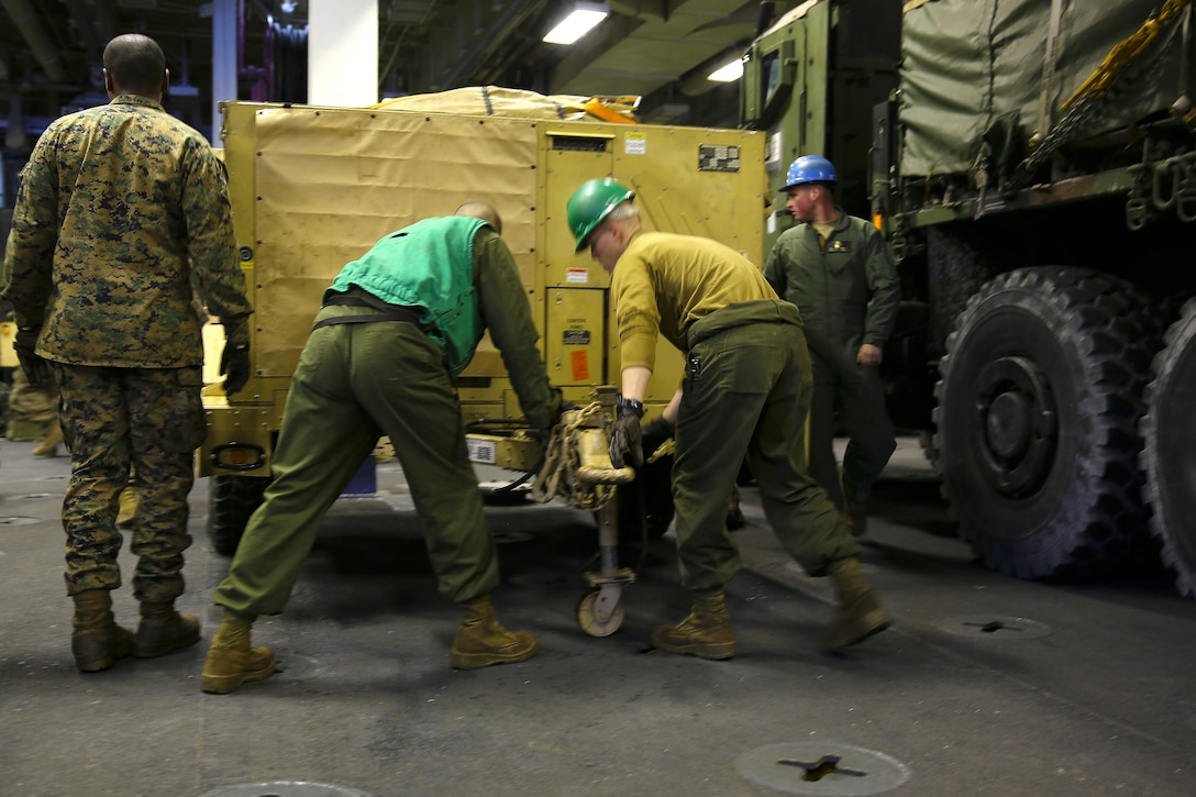 Marines with the 24th Marine Expeditionary Unit move a trailer in the well deck of the USS Iwo Jima, Dec. 14. The 24th MEU embarked on the ships of the Iwo Jima Amphibious Ready Group for their 2015 deployment Dec. 12-14. The 24th MEU is scheduled to support operations in the 5th and 6th Fleet areas of responsibility.